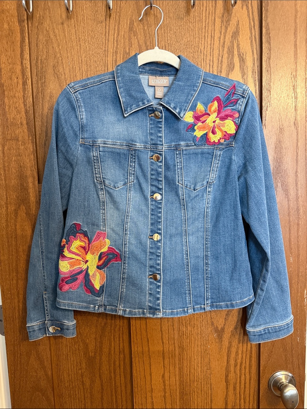 Chico's Medium Blue Denim Jacket with Pink & Yellow Floral Embroidery